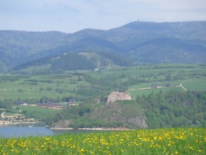 Ruiny zamku w Czorsztynie i jez. Czorsztyńskie